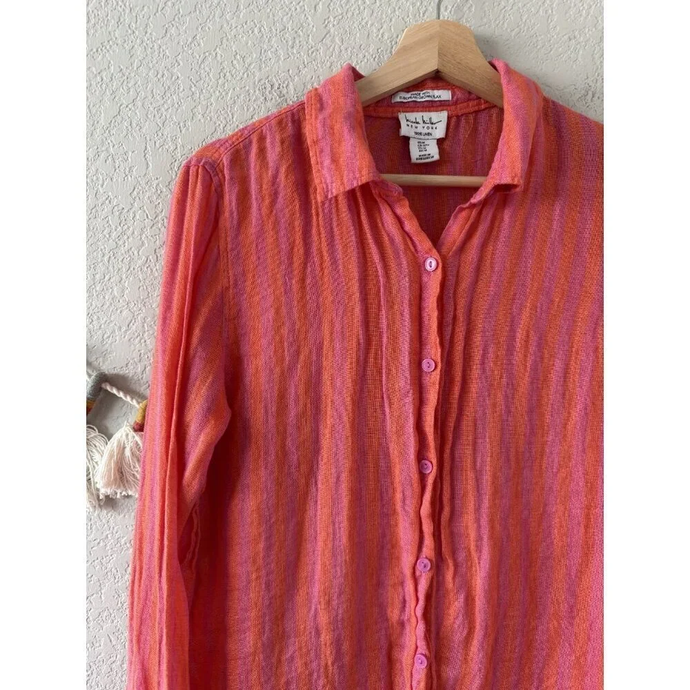 Nicole Miller 100% Linen Pink Orange Striped Button Up Top Beachy Coastal Vacay